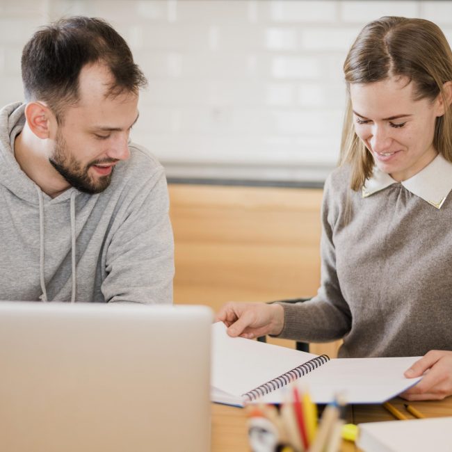 front-view-female-tutor-student-home